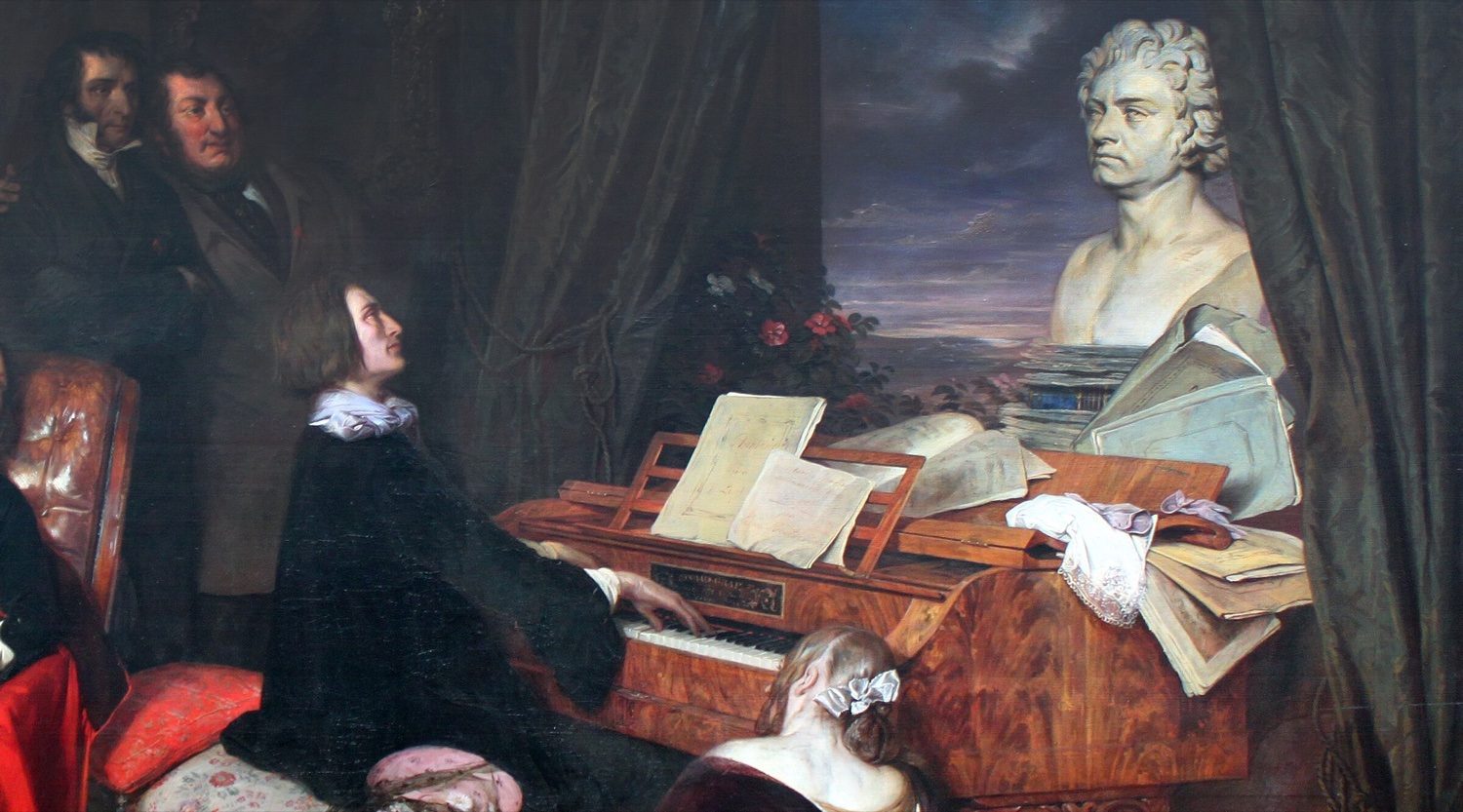 Картина Йозефа Данхаузера 1840 года: Ференц Лист играет на венском рояле Конрада Графа, на инструменте — бюст Бетховена
